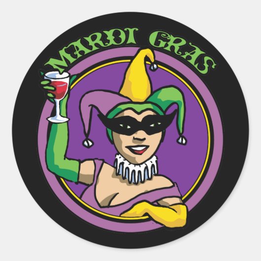Mardi Gras Jester Girl Ronde Sticker (Voorkant)