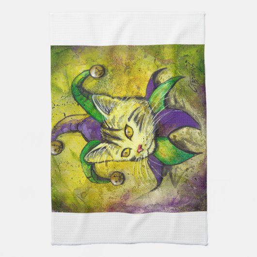 Mardi Gras Jester Kat door GG Burns Theedoek (Verticaal)
