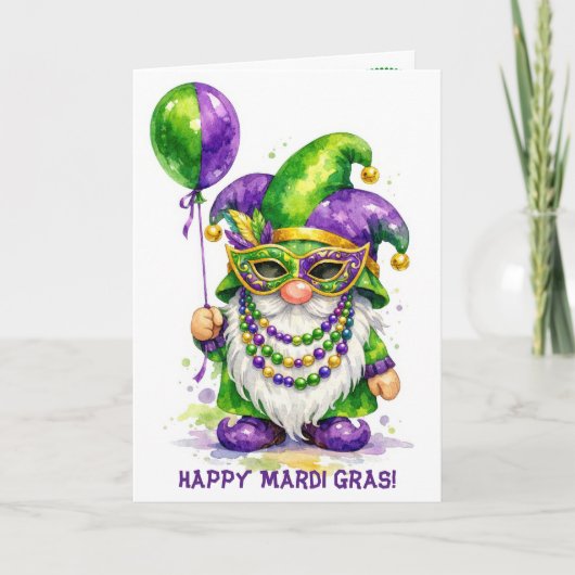 Mardi Gras-kabouter met feestballon Kaart (Voorkant)