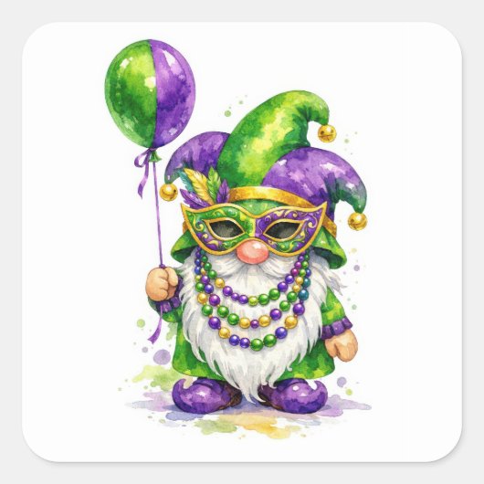 Mardi Gras-kabouter met feestballon Vierkante Sticker (Voorkant)