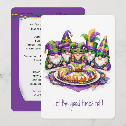 Mardi Gras-kabouter met King Cake Kaart (Voorkant / Achterkant)