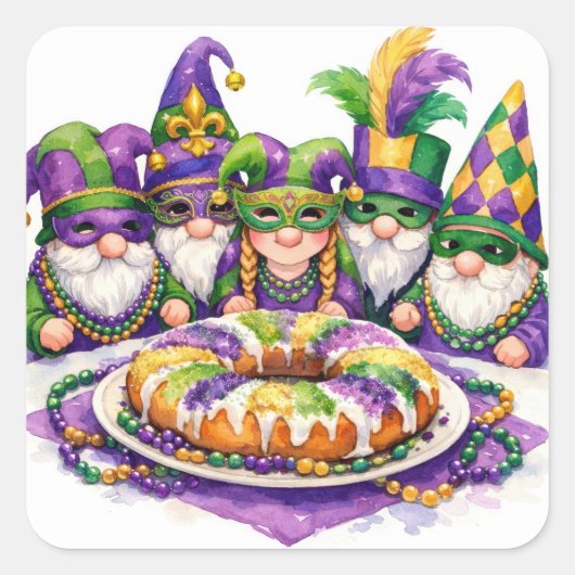 Mardi Gras Kabouterfeest Met Koningentaart Vierkante Sticker (Voorkant)