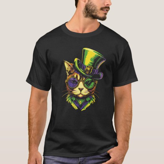 Mardi Gras Kat Met Hoed Bril T-shirt (Voorkant)