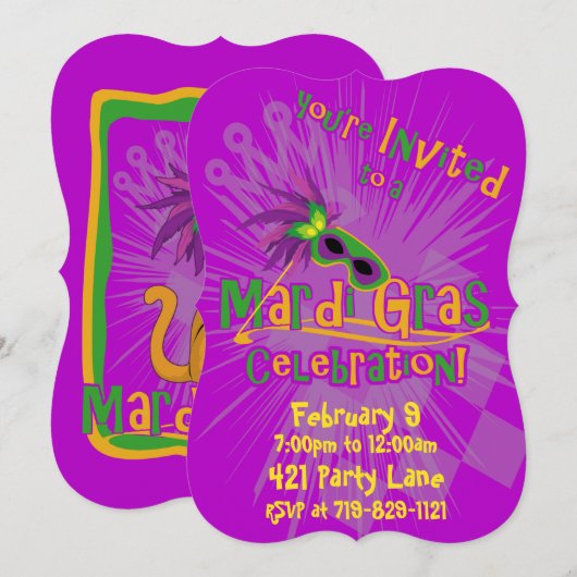 Mardi Gras Kat Uitnodiging (Voorkant / Achterkant)