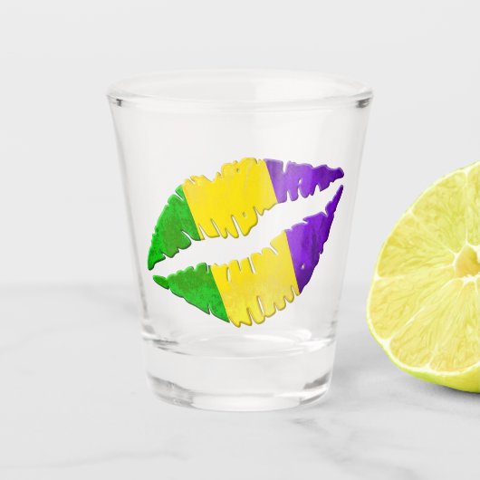Mardi Gras Kiss Lips Paars Geel Groen Shot Glas (Voorkant)