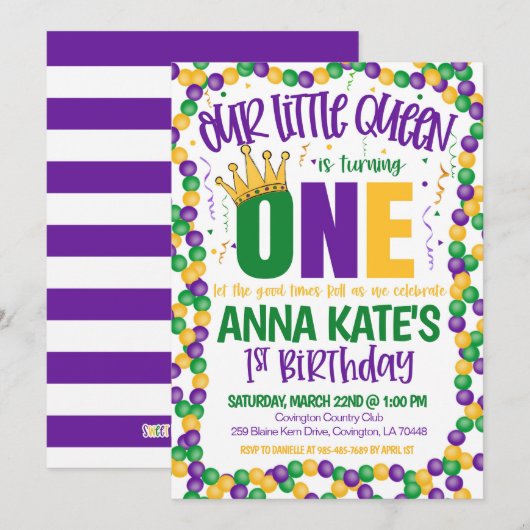 Mardi Gras Koningin Eerste Verjaardag Uitnodiging (Voorkant / Achterkant)