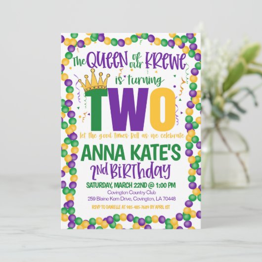 Mardi Gras Koningin Tweede Uitnodiging Verjaardag (Staand voorkant)