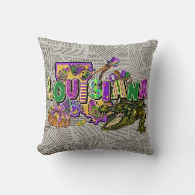 Mardi Gras  krant King Cake Alligator Kussen (Voorkant)