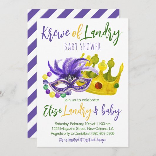 Mardi Gras Krewe Baby shower Invitation Kaart (Voorkant / Achterkant)