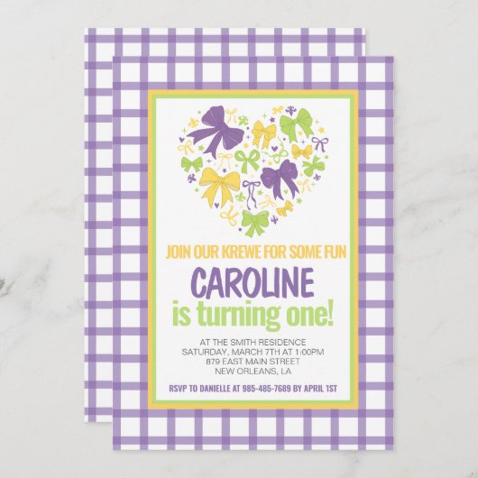 Mardi Gras Krewe Coquette Boog Eerste Verjaardag Kaart (Voorkant / Achterkant)