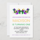 Mardi Gras Krewe Coquette Bow First Birthday Kaart (Voorkant)