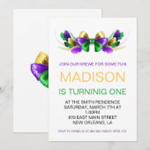 Mardi Gras Krewe Coquette Bow First Birthday Kaart (Voorkant / Achterkant)