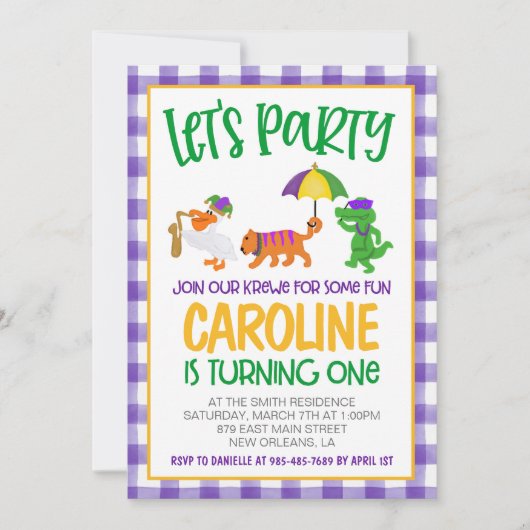 Mardi Gras Krewe Eerste Uitnodiging Verjaardag (Voorkant)