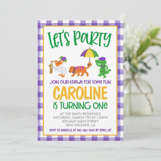 Mardi Gras Krewe Eerste Uitnodiging Verjaardag (Staand voorkant)