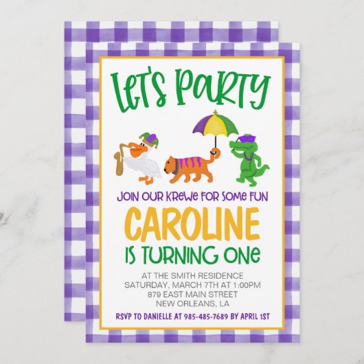 Mardi Gras Krewe Eerste Uitnodiging Verjaardag (Voorkant / Achterkant)