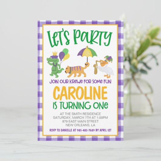 Mardi Gras Krewe Eerste Uitnodiging Verjaardag (Staand voorkant)