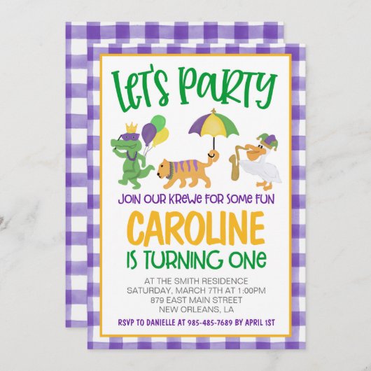 Mardi Gras Krewe Eerste Uitnodiging Verjaardag (Voorkant / Achterkant)