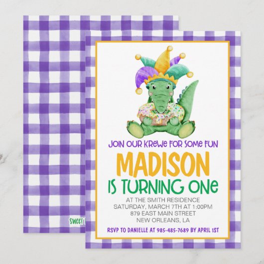 Mardi Gras Krewe Eerste Uitnodiging Verjaardag (Voorkant / Achterkant)