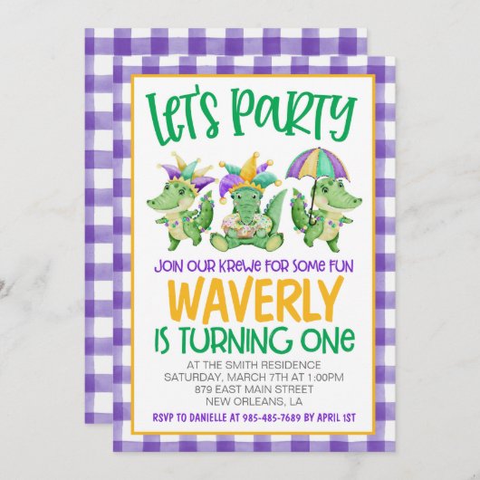 Mardi Gras Krewe Eerste Uitnodiging Verjaardag (Voorkant / Achterkant)