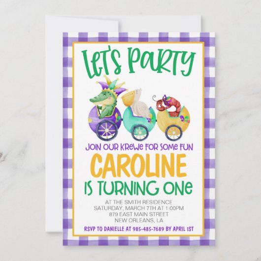 Mardi Gras Krewe Eerste Uitnodiging Verjaardag (Voorkant)