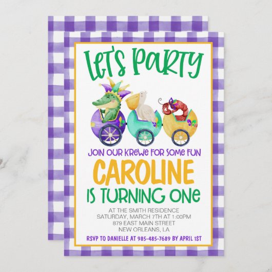 Mardi Gras Krewe Eerste Uitnodiging Verjaardag (Voorkant / Achterkant)