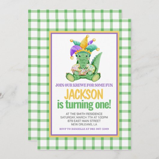 Mardi Gras Krewe Gator King Cake Eerste Verjaardag Kaart (Voorkant / Achterkant)