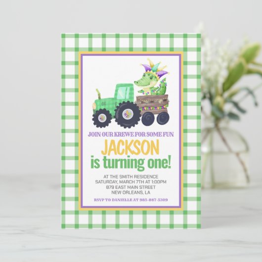 Mardi Gras Krewe Gator Tractor Cake eerste verjaar Kaart (Staand voorkant)