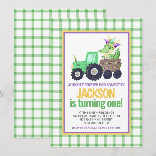 Mardi Gras Krewe Gator Tractor Cake eerste verjaar Kaart (Voorkant / Achterkant)