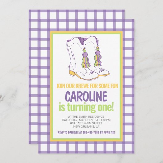 Mardi Gras Krewe Marching Boots eerste verjaardag Kaart (Voorkant / Achterkant)