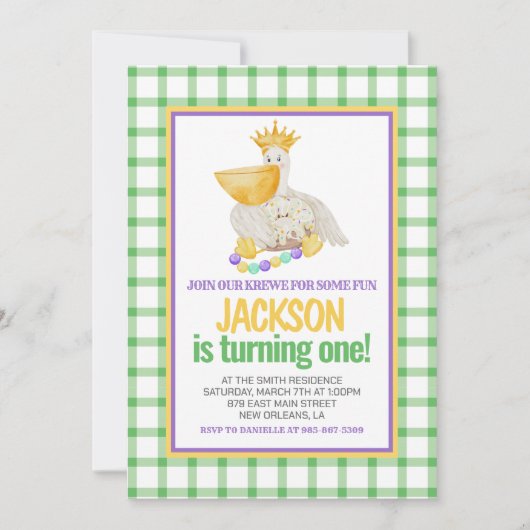 Mardi Gras Krewe PELICAN King Cake Eerste Verjaard Kaart (Voorkant)