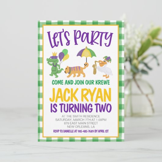 Mardi Gras Krewe Uitnodiging voor verjaardag (Staand voorkant)