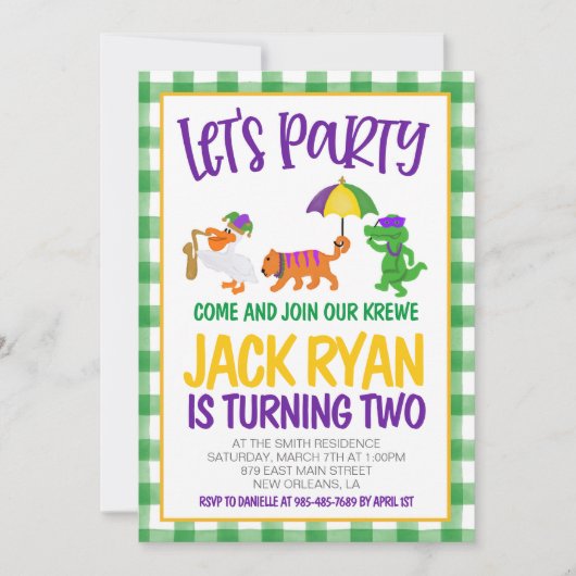 Mardi Gras Krewe Uitnodiging voor verjaardag (Voorkant)