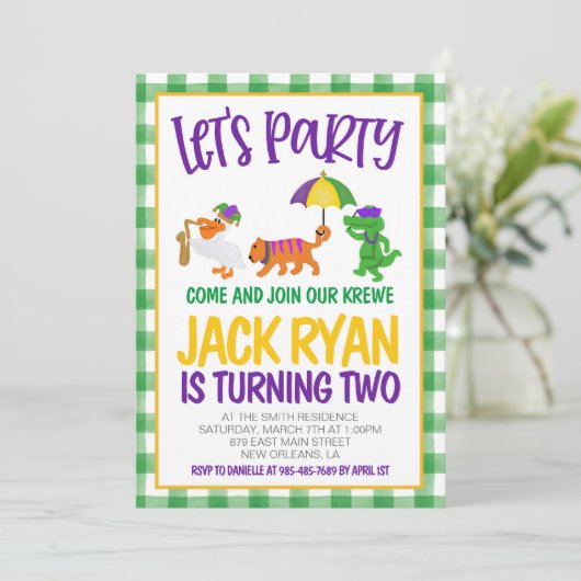 Mardi Gras Krewe Uitnodiging voor verjaardag (Staand voorkant)