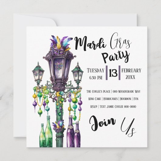 Mardi Gras Lamp Post en Kralen Partij Kaart (Voorkant)