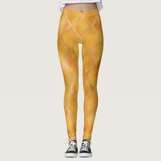 Mardi Gras Leggings, Golden Damask Pattern Leggings (Voorkant)