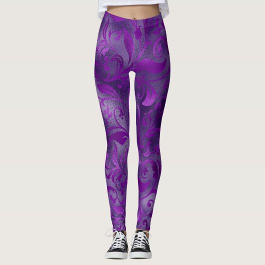 Mardi Gras Leggings, Mardi Gras Paarse Floral Leggings (Voorkant)