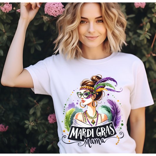Mardi Gras Mama Messy Bun Haar Bril Happy Mardi T-shirt