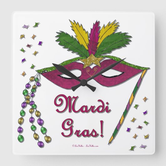 Mardi Gras Mask Feather Beads Vierkante Klok (Voorkant)