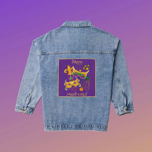 Mardi Gras Mask Fleur de Lis Beads King Cake Denim Jacket