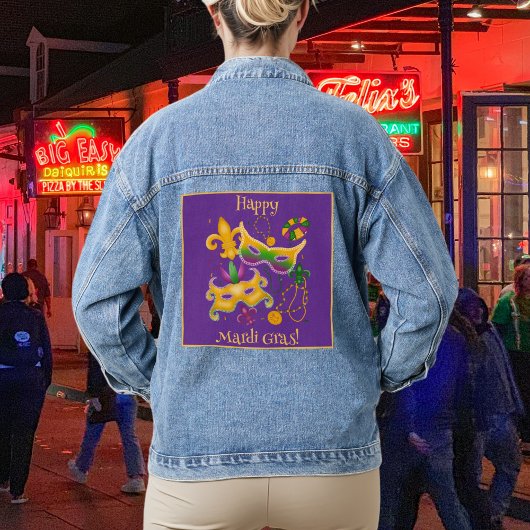 Mardi Gras Mask Fleur de Lis Beads King Cake Denim Jacket