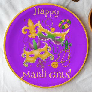 Mardi Gras Mask Fleur de Lis Beads King Cake Papieren Bordje