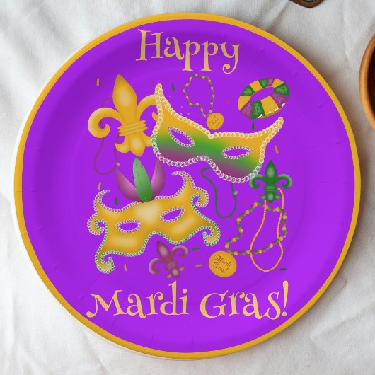 Mardi Gras Mask Fleur de Lis Beads King Cake Papieren Bordje