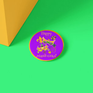 Mardi Gras Mask Fleur de Lis Beads King Cake Ronde Button 3,2 Cm