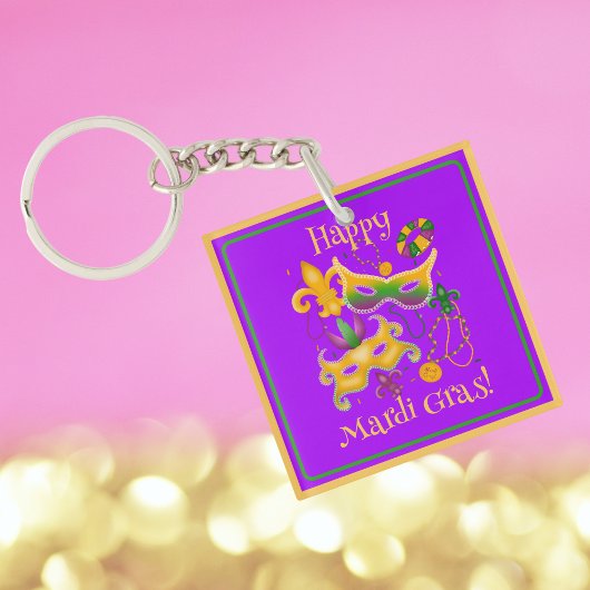 Mardi Gras Mask Fleur de Lis Beads King Cake Sleutelhanger