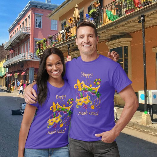 Mardi Gras Mask Fleur de Lis Beads King Cake T-shirt