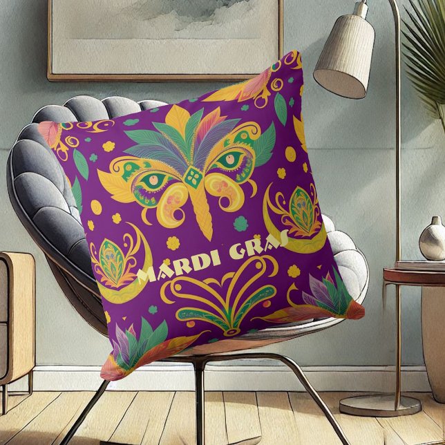 Mardi Gras Mask Fleur De Lis Paarse Groen Goud Kussen (Mardi Gras Mask Fleur De Lis Purple Green Gold Throw Pillow)