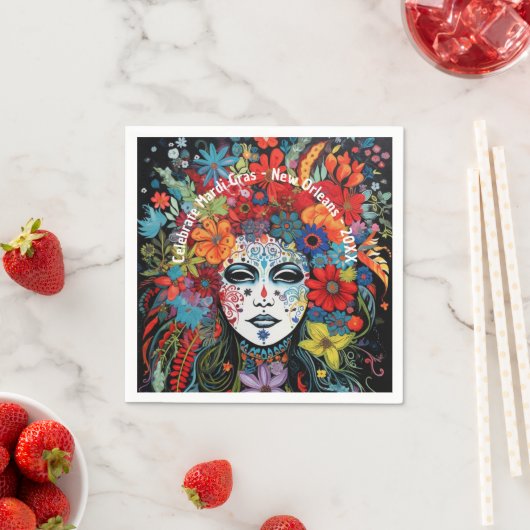 Mardi Gras Mask & Headdress Custom Text Party Servet (Insitu)