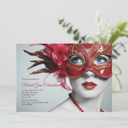 Mardi Gras Mask Invitation Kaart (Staand voorkant)
