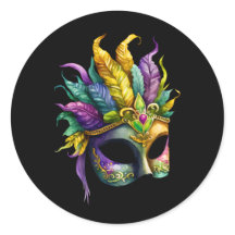 Mardi Gras Mask on Black Round Sticker