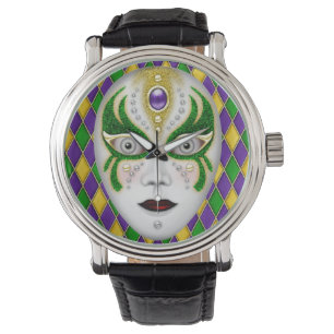 Mardi Gras Mask on Harlequin Background Horloge